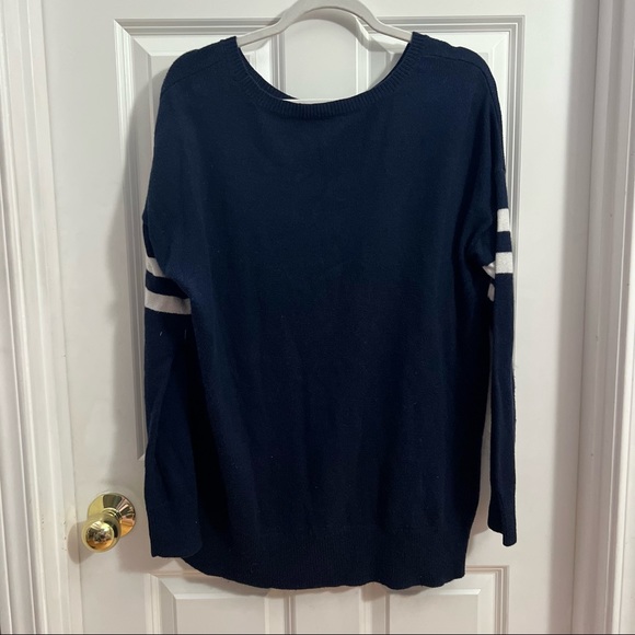 Sporty Striped Sleeve Navy Sweater - Picture 2 of 6